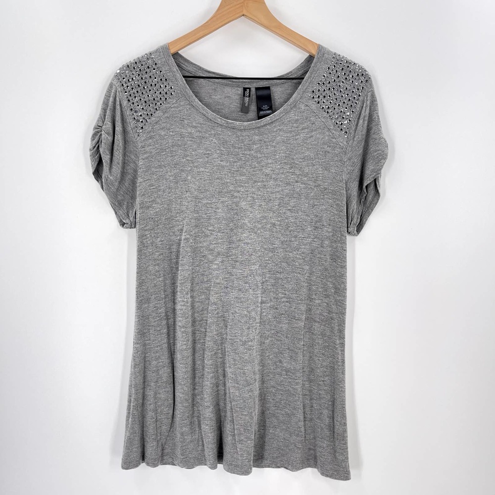 “Reserved” LIKE NEW.  BISOU BISOU Gray Studded Shoulder Rayon Short Sleeve Tee.